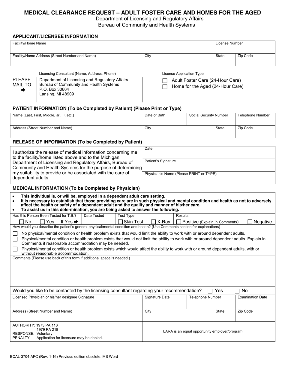 Form BCAL-3704-AFC Medical Clearance Request  Adult Foster Care and Homes for the Aged - Michigan, Page 1