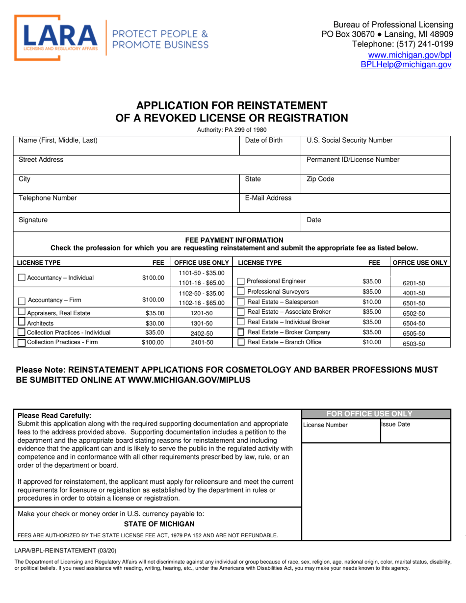 Application for Reinstatement of a Revoked License or Registration - Michigan, Page 1