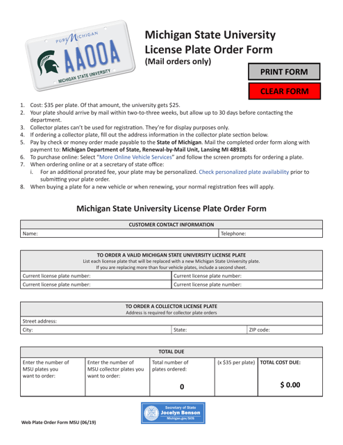 Michigan State University License Plate Order Form - Michigan Download Pdf