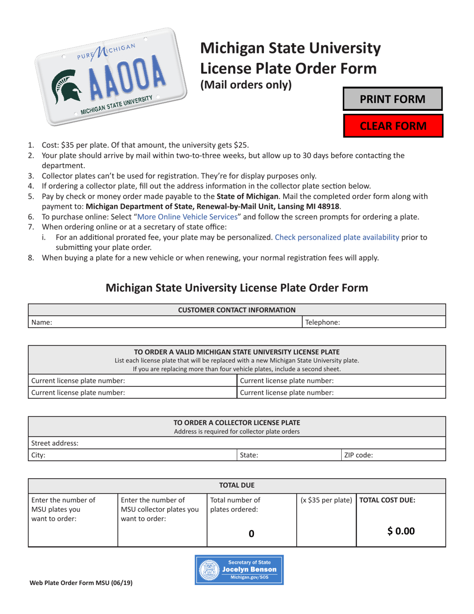 Michigan State University License Plate Order Form - Michigan, Page 1