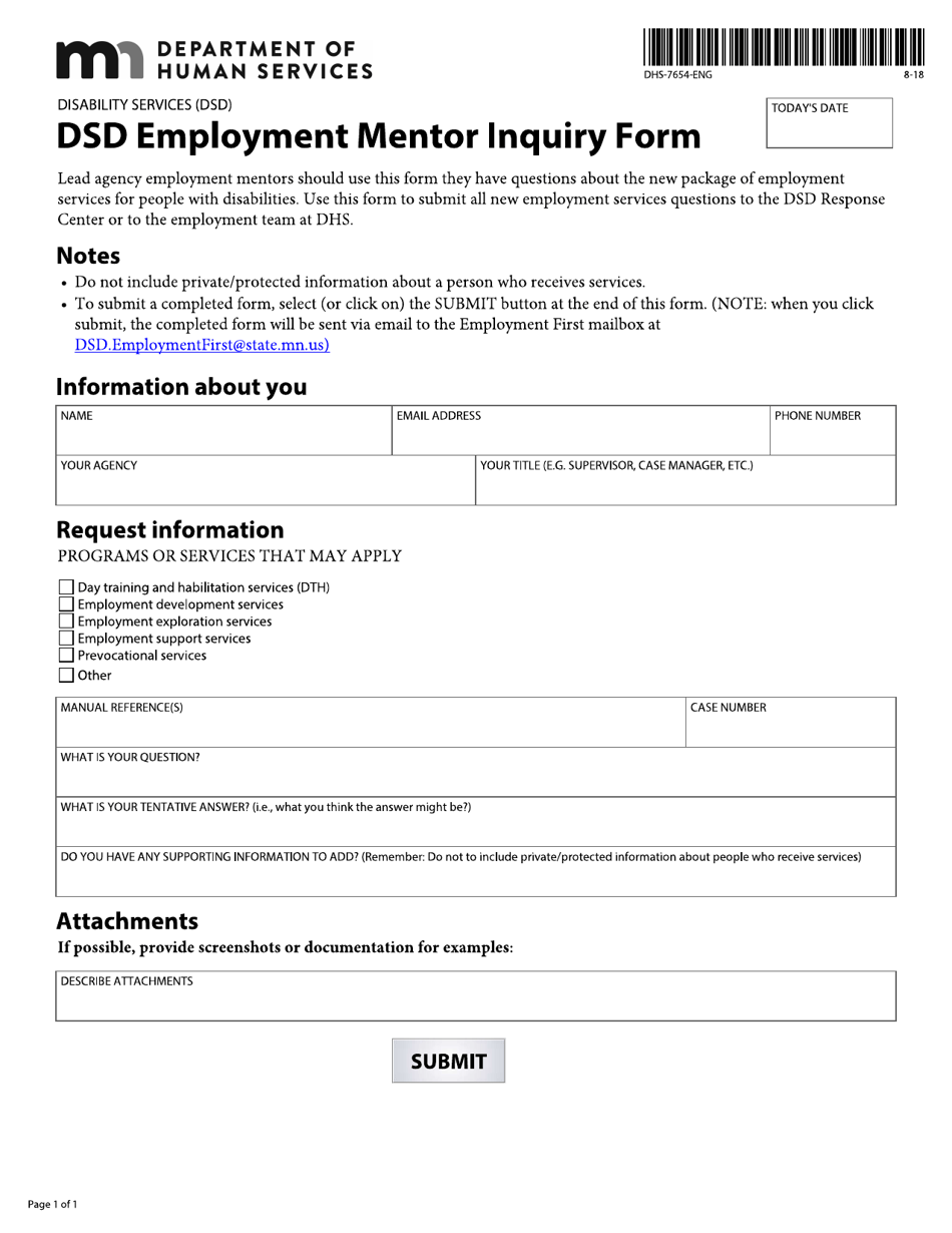 Form DHS-7654-ENG Dsd Employment Mentor Inquiry Form - Minnesota, Page 1