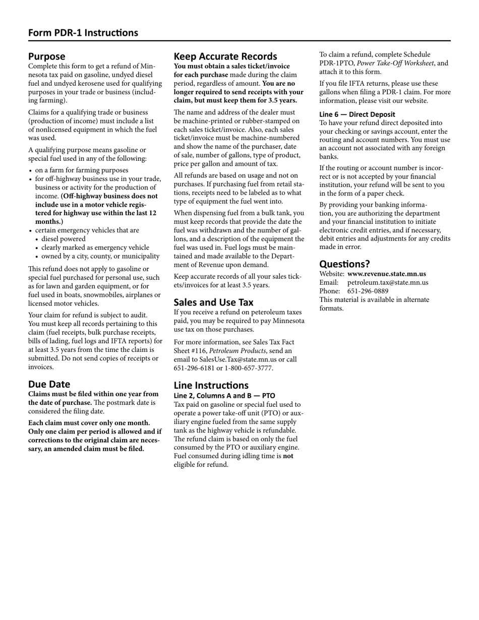 Form PDR-1 Minnesota Motor Fuel Claim for Refund - Minnesota, Page 2