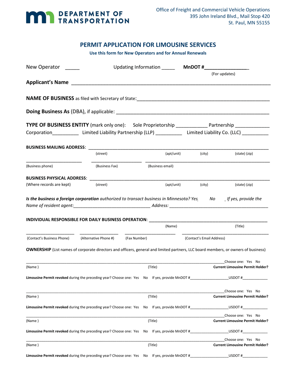 Permit Application for Limousine Services - Minnesota, Page 1