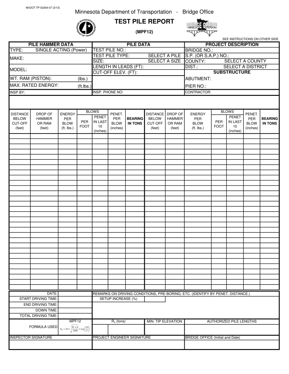 Form MnDOT TP-02264-07 Test Pile Report - Minnesota, Page 1
