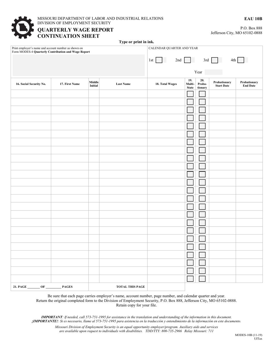 Form MODES-10B Quarterly Wage Report Continuation Sheet - Missouri, Page 1