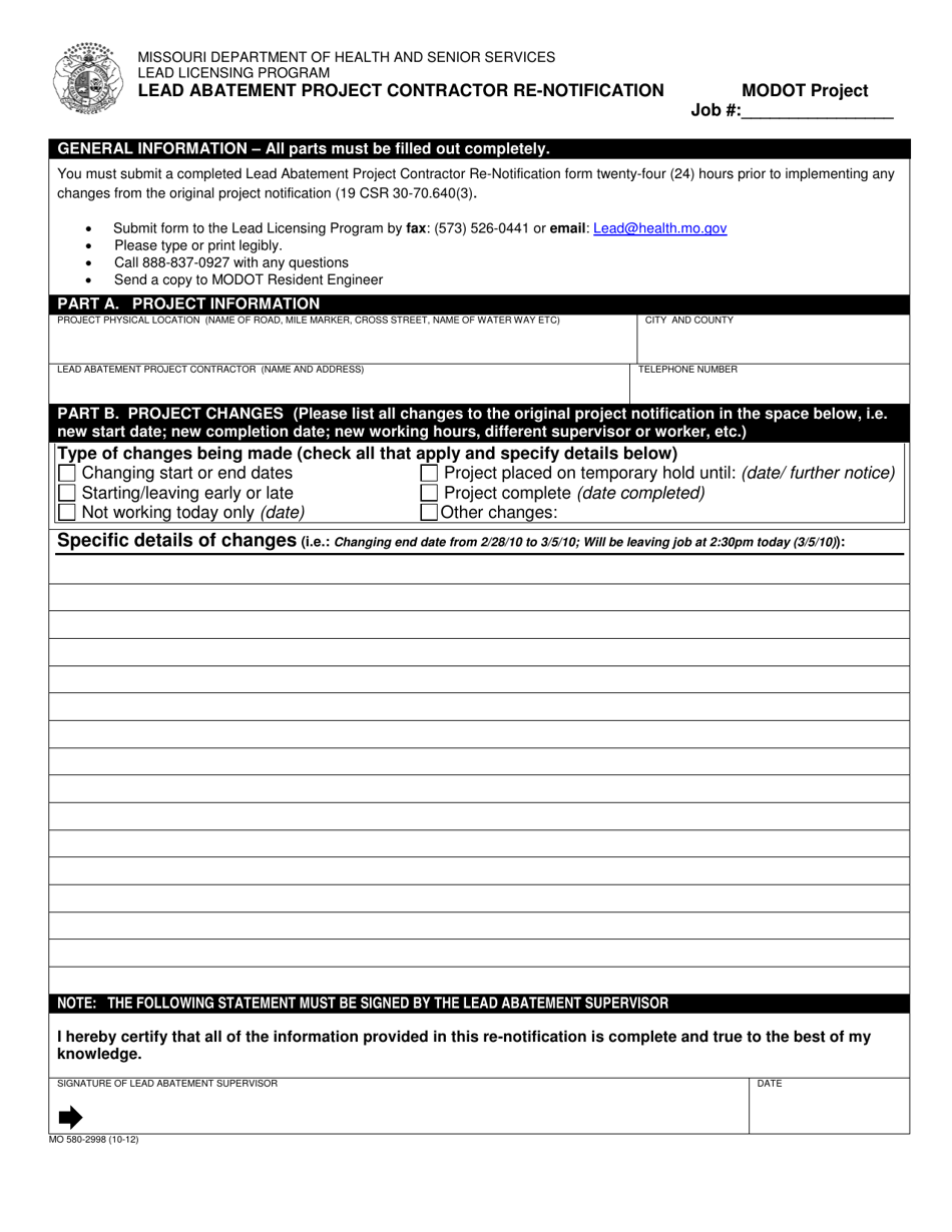 Form MO580-2998 Lead Abatement Project Contractor Re-notification - Missouri, Page 1