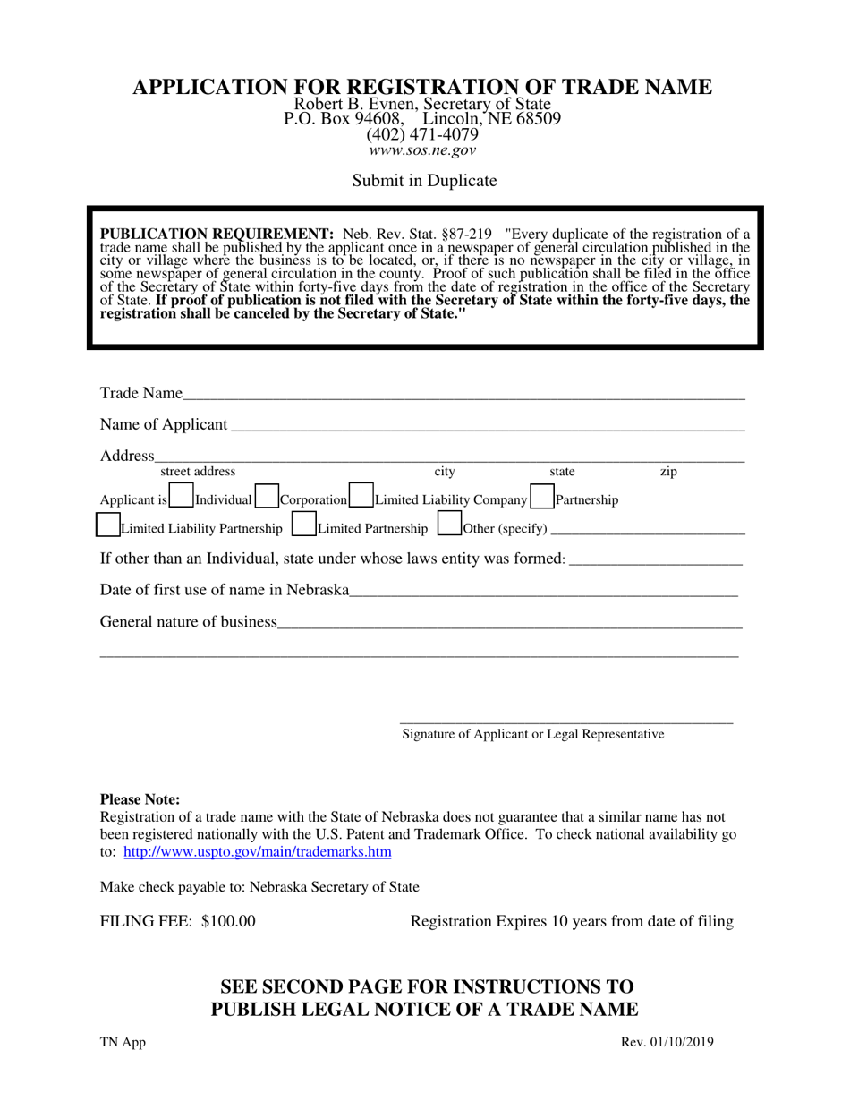 Application for Registration of Trade Name - Nebraska, Page 1