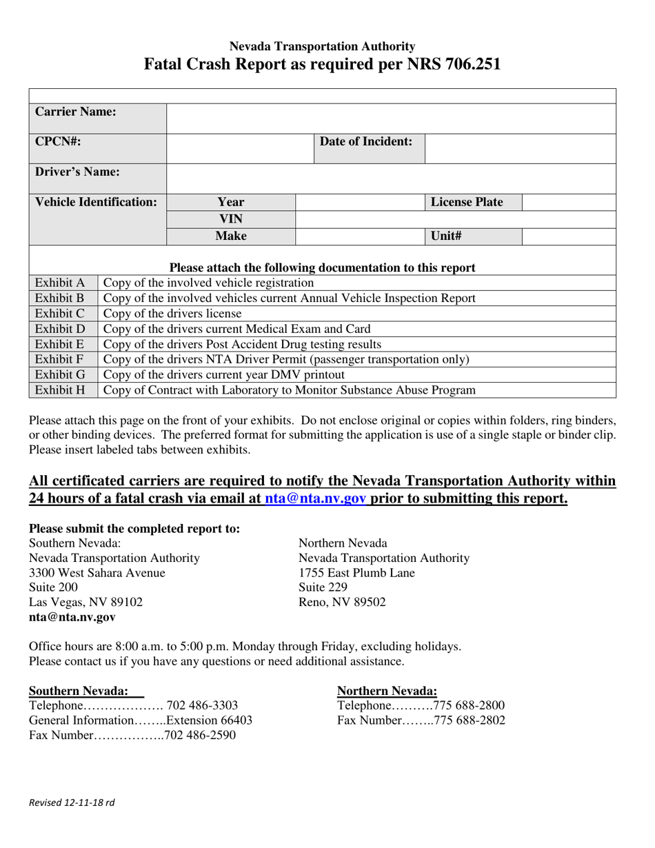 Nevada Fatal Crash Report as Required Per Nrs 706.251 - Fill Out, Sign ...