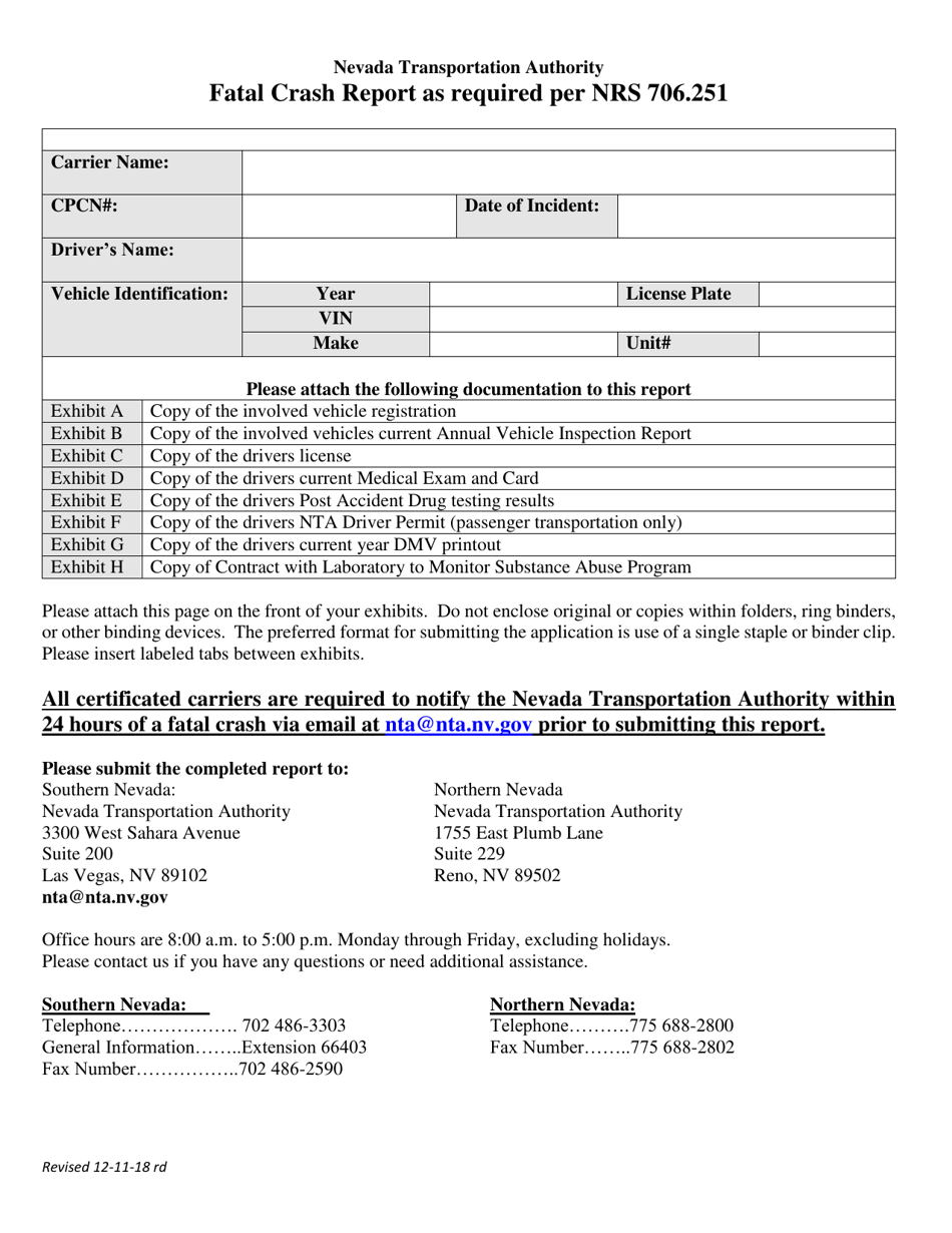 Fatal Crash Report as Required Per Nrs 706.251 - Nevada, Page 1