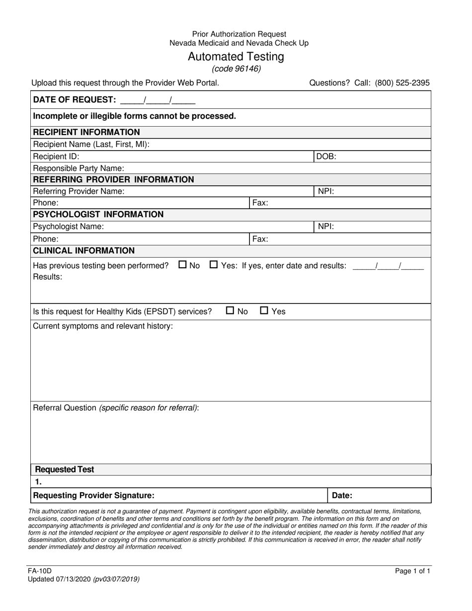 Form FA-10D Automated Testing - Nevada, Page 1