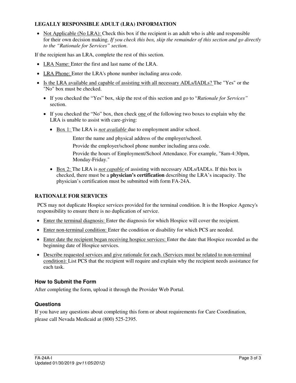 Instructions for Form FA-24A Coordination of Hospice and Waiver or Personal Care Services (PCS) - Nevada, Page 3