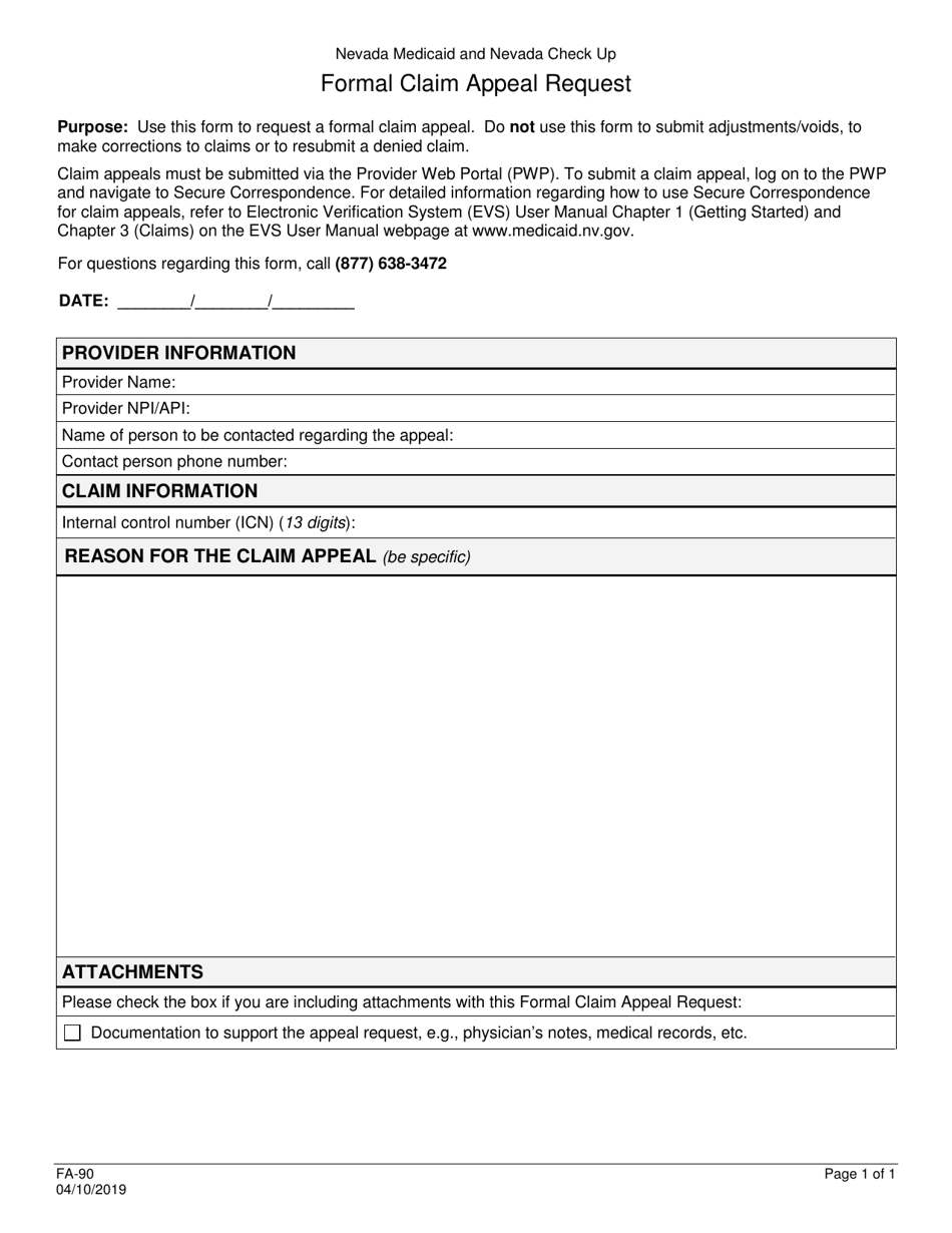 Form FA-90 Formal Claim Appeal Request - Nevada, Page 1