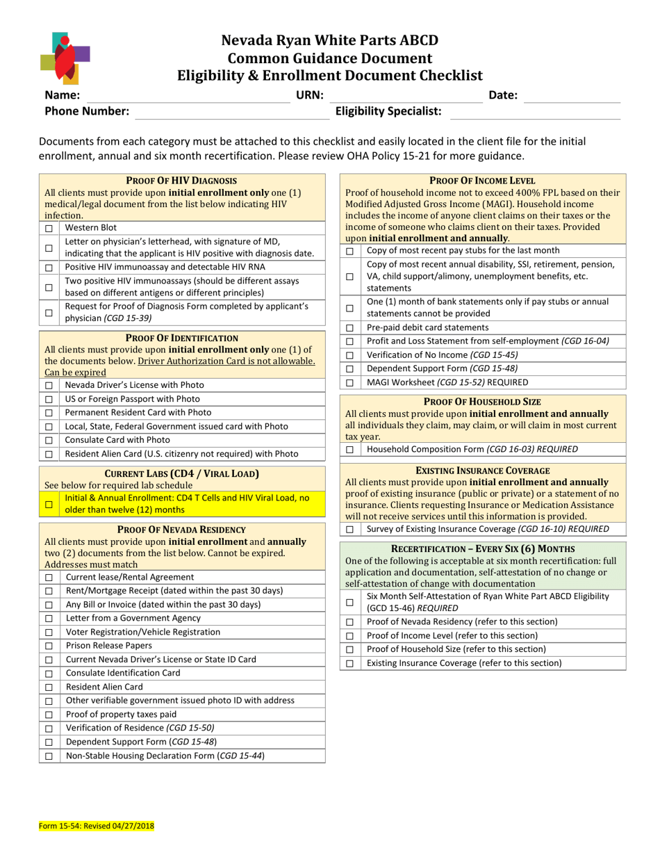 Form 15-54 Nevada Ryan White Parts Abcd Common Guidance Document Eligibility  Enrollment Document Checklist - Nevada, Page 1
