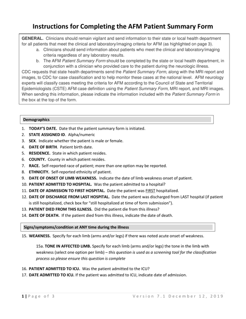 Instructions for Acute Flaccid Myelitis: Patient Summary Form Download Pdf