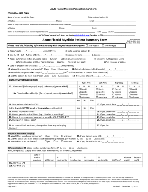 Acute Flaccid Myelitis: Patient Summary Form Download Pdf