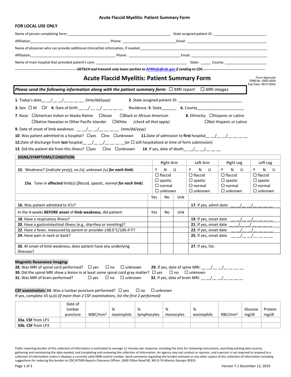 Acute Flaccid Myelitis: Patient Summary Form, Page 1