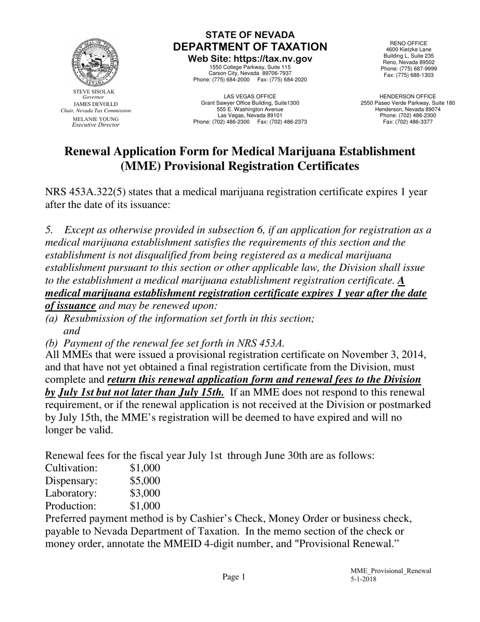 Renewal Application Form for Medical Marijuana Establishment (Mme) Provisional Registration Certificates - Nevada, Page 1