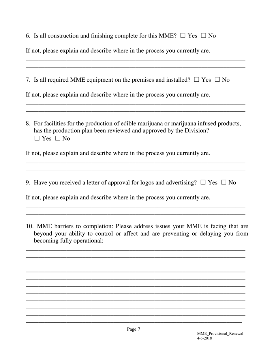 Renewal Application Form for Medical Marijuana Establishment (Mme) Provisional Registration Certificates - Nevada, Page 7