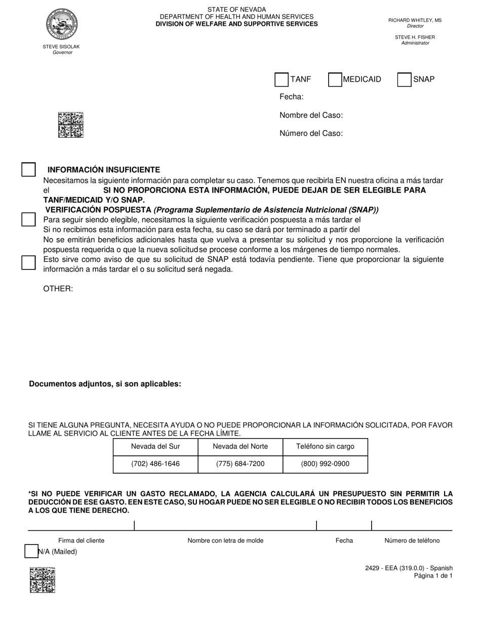 Formulario 2429-EEAS Informacion Insuficiente - Nevada (Spanish), Page 1