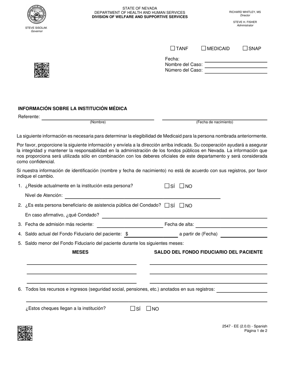 Formulario 2547-EGS Informacion Sobre La Institucion Medica - Nevada (Spanish), Page 1