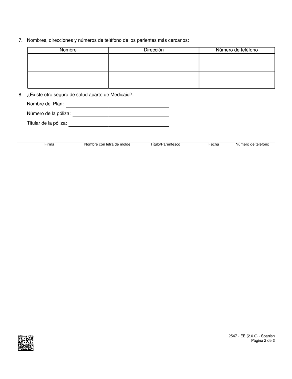 Formulario 2547-EGS Informacion Sobre La Institucion Medica - Nevada (Spanish), Page 2