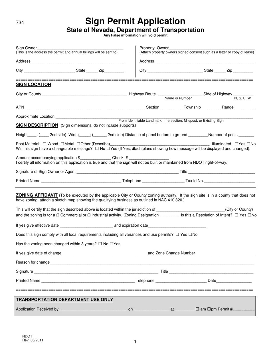 Form 734 Sign Permit Application - Nevada, Page 1