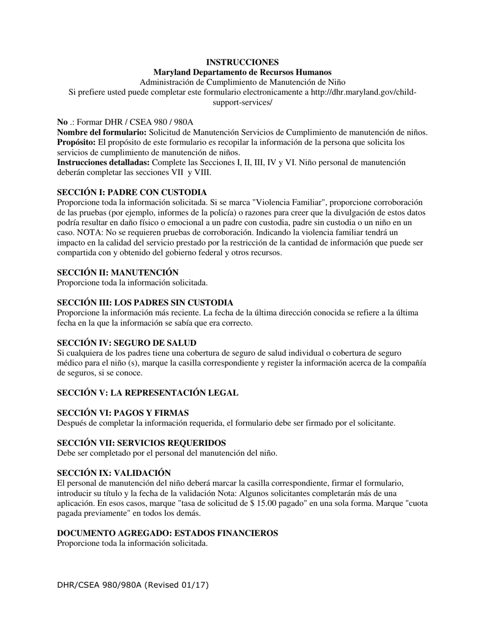 Formulario DHR / CSEA980 / 980A Solicitud Para Los Servicios De Manutencion - Maryland (Spanish), Page 1