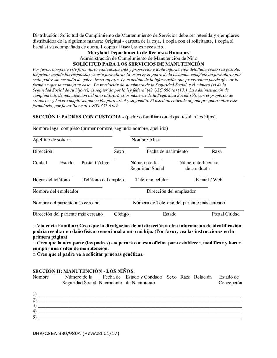 Formulario DHR / CSEA980 / 980A Solicitud Para Los Servicios De Manutencion - Maryland (Spanish), Page 2