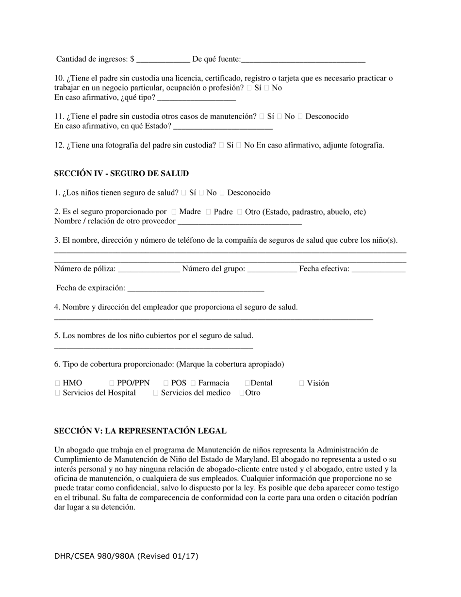Formulario DHR / CSEA980 / 980A Solicitud Para Los Servicios De Manutencion - Maryland (Spanish), Page 5