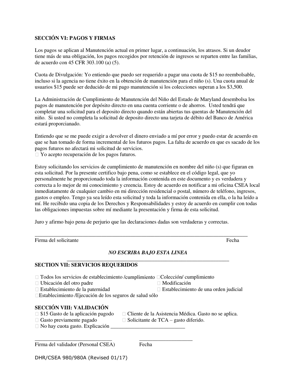Formulario DHR / CSEA980 / 980A Solicitud Para Los Servicios De Manutencion - Maryland (Spanish), Page 6