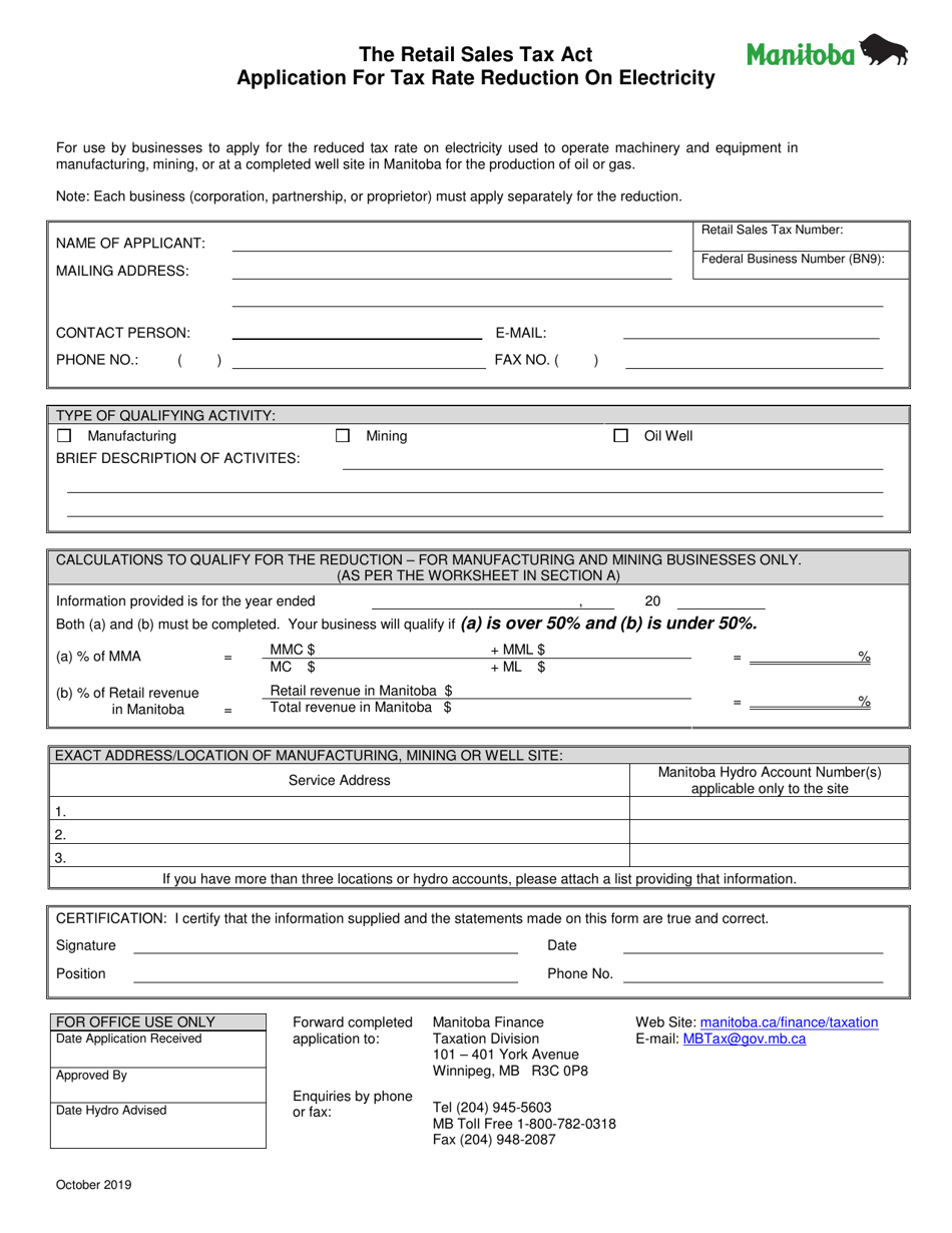 Manitoba Canada Application for Tax Rate Reduction on Electricity ...