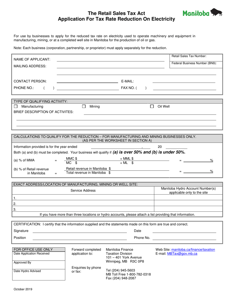 Application for Tax Rate Reduction on Electricity - Manitoba, Canada, Page 1