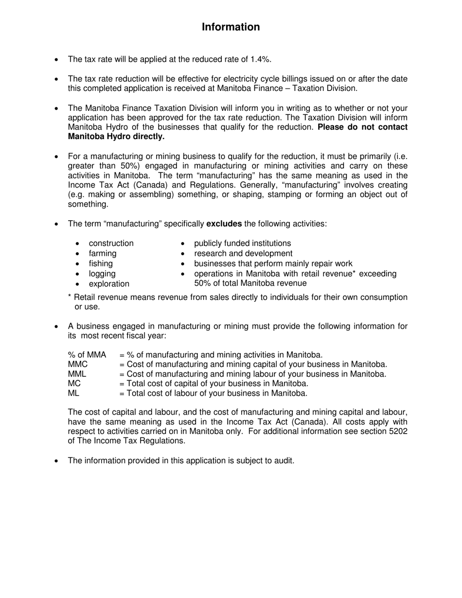 Application for Tax Rate Reduction on Electricity - Manitoba, Canada, Page 3