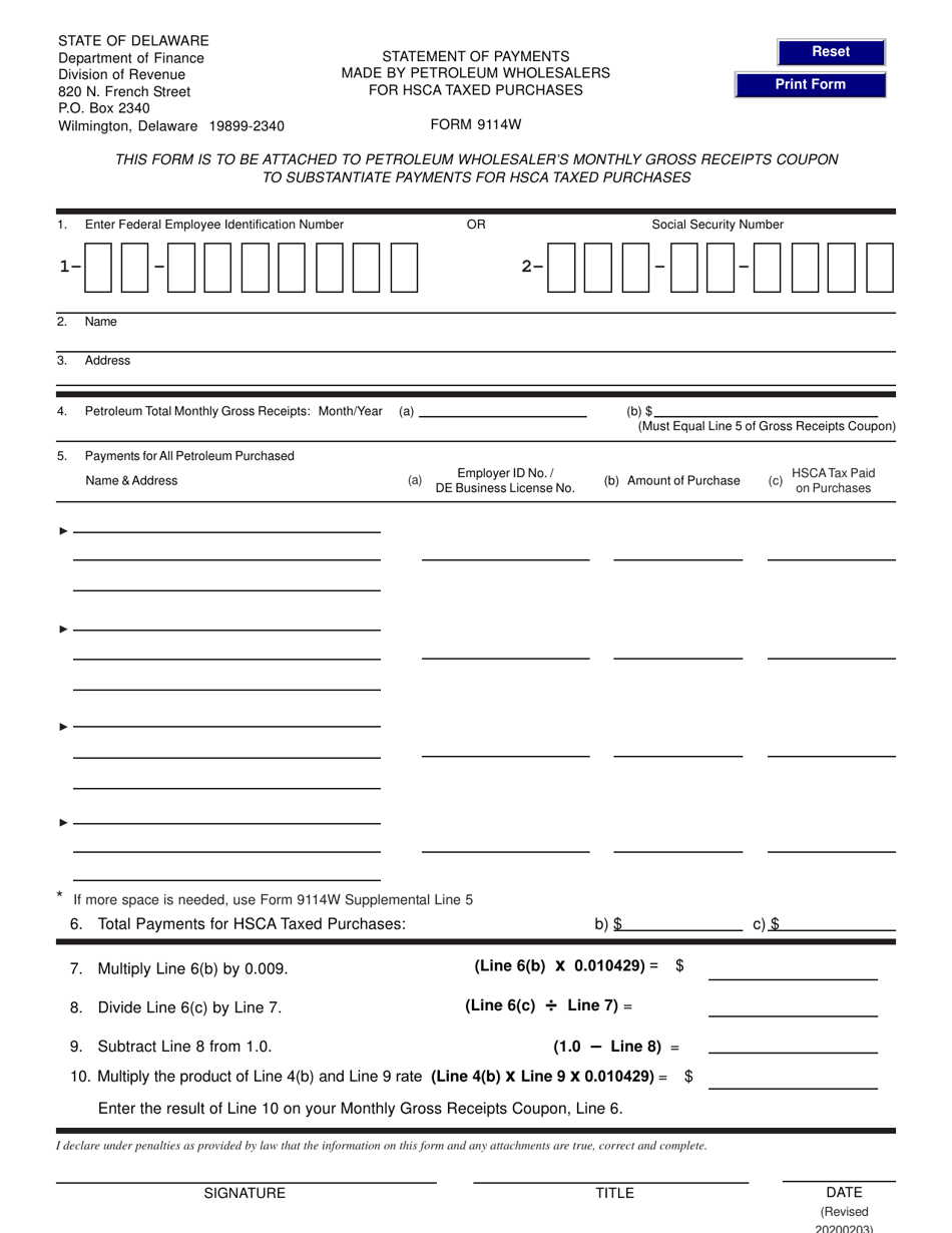 Form 9114W Statement of Payments Made by Petroleum Wholesalers for Hsca Taxed Purchases - Delaware, Page 1
