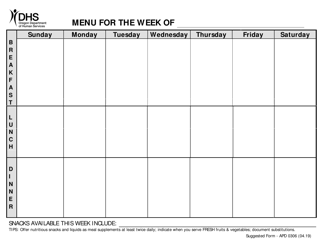 Document preview: Form ADP0306 Adult Foster Home Weekly Menu - Oregon