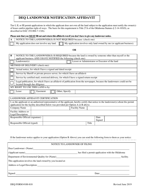 DEQ Form 100-810 DEQ Landowner Notification Affidavit - Oklahoma