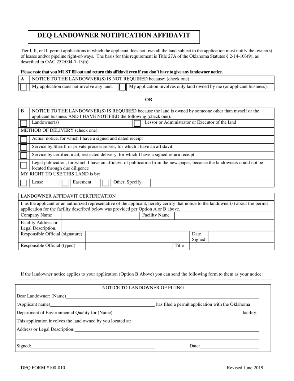 DEQ Form 100-810 DEQ Landowner Notification Affidavit - Oklahoma, Page 1