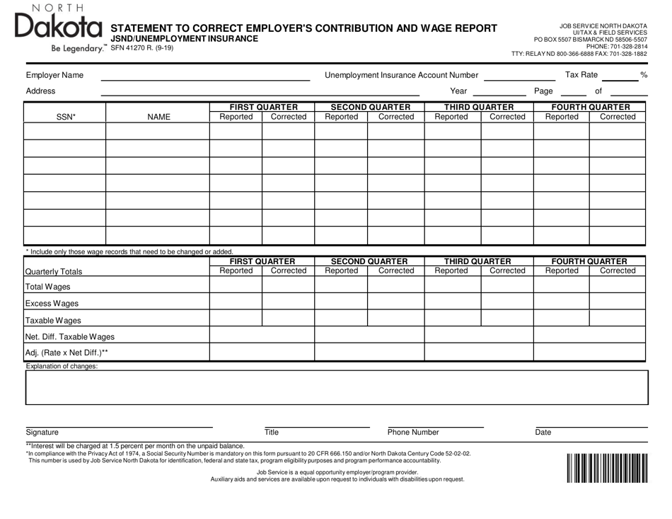 Form SFN41270 Statement to Correct Employers Contribution and Wage Report - North Dakota, Page 1