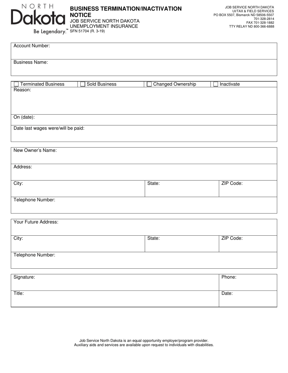 Form SFN51704 Business Termination / Inactivation Notice - North Dakota, Page 1