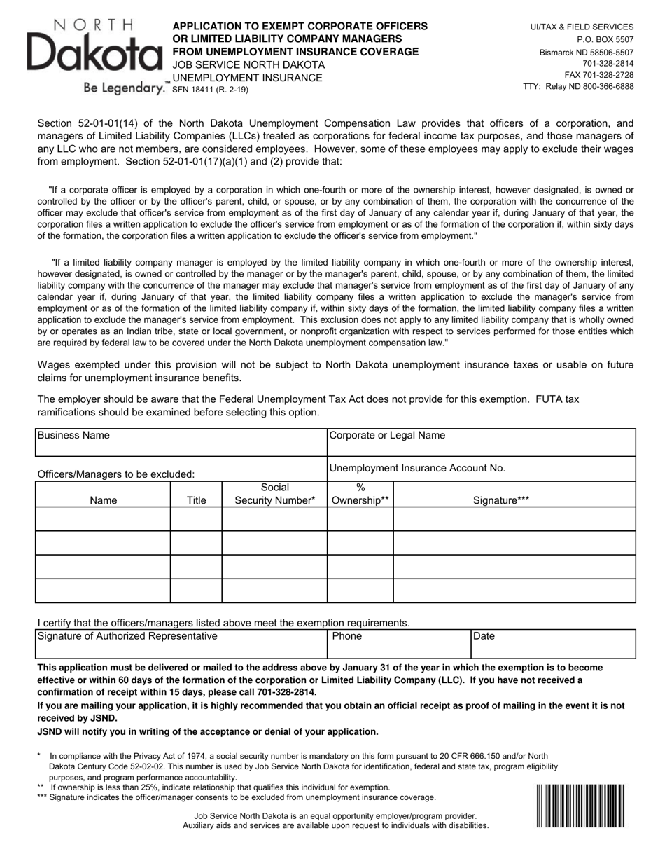 Form SFN18411 Application to Exempt Corporate Officers or Limited Liability Company Managers From Unemployment Insurance Coverage - North Dakota, Page 1