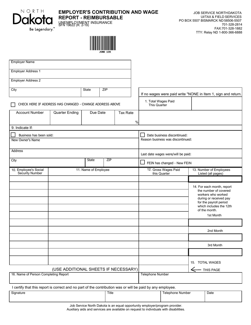 Form SFN19622 Employers Contribution and Wage Report - Reimbursable - North Dakota, Page 1