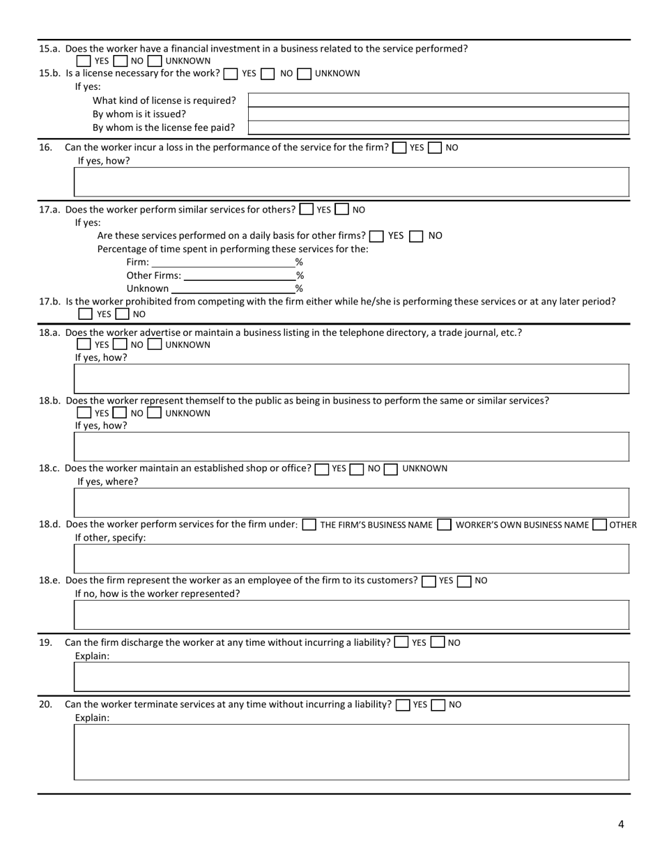 Form SFN50724 Worker Relationship Questionnaire - North Dakota, Page 4