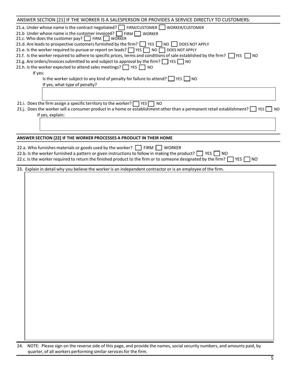 Form SFN50724 Worker Relationship Questionnaire - North Dakota, Page 5