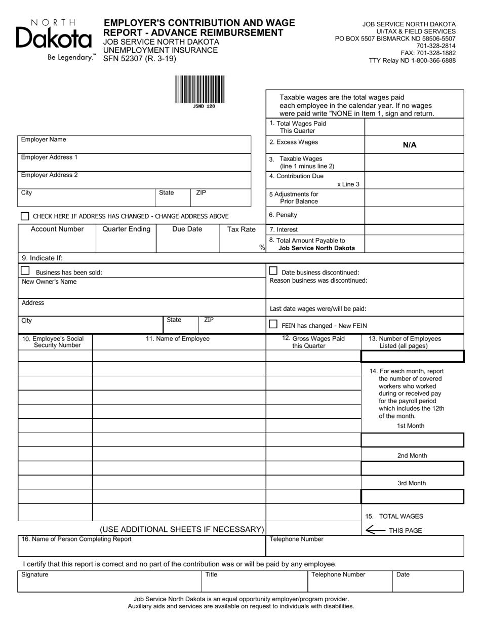 Form SFN52307 Employers Contribution and Wage Report - Advance Reimbursement - North Dakota, Page 1