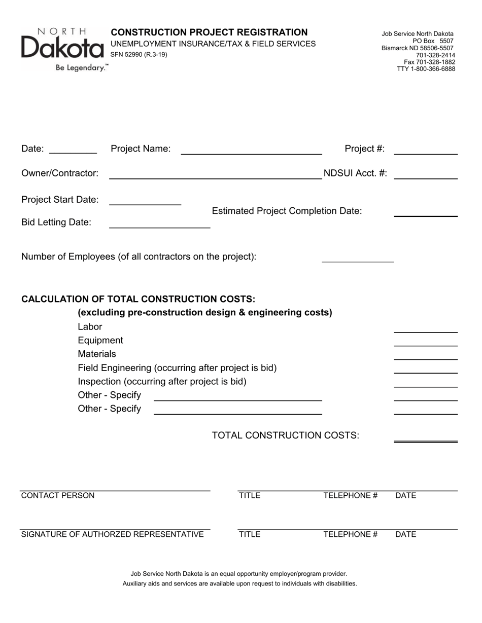Form SFN52990 Construction Project Registration - North Dakota, Page 1