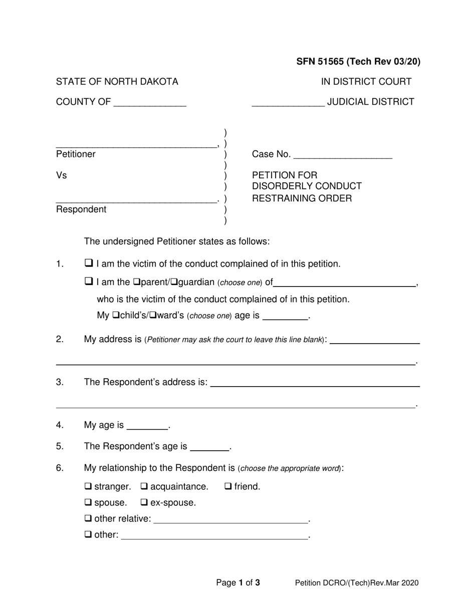 Form SFN51565 Petition for Disorderly Conduct Restraining Order - North Dakota, Page 1