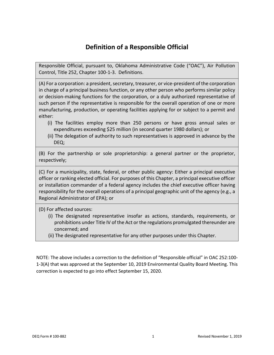 DEQ Form 100-882 Designation of Responsible Official / Sleis Registration - Oklahoma, Page 2