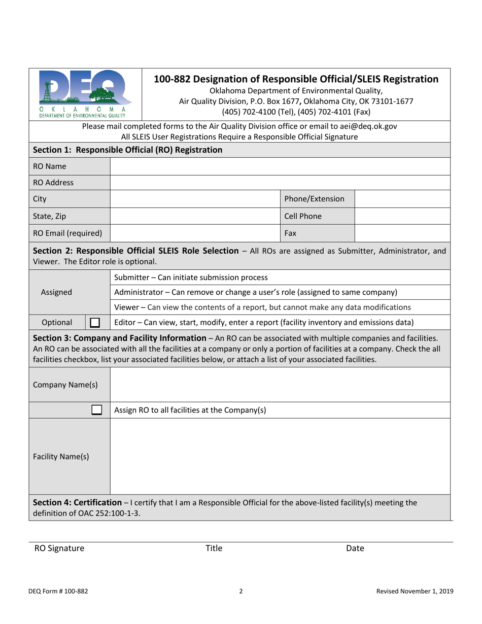 DEQ Form 100-882 Designation of Responsible Official / Sleis Registration - Oklahoma, Page 3