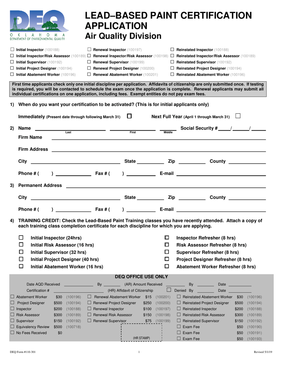 DEQ Form 110-301 Lead-Based Paint Certification Application - Oklahoma, Page 1