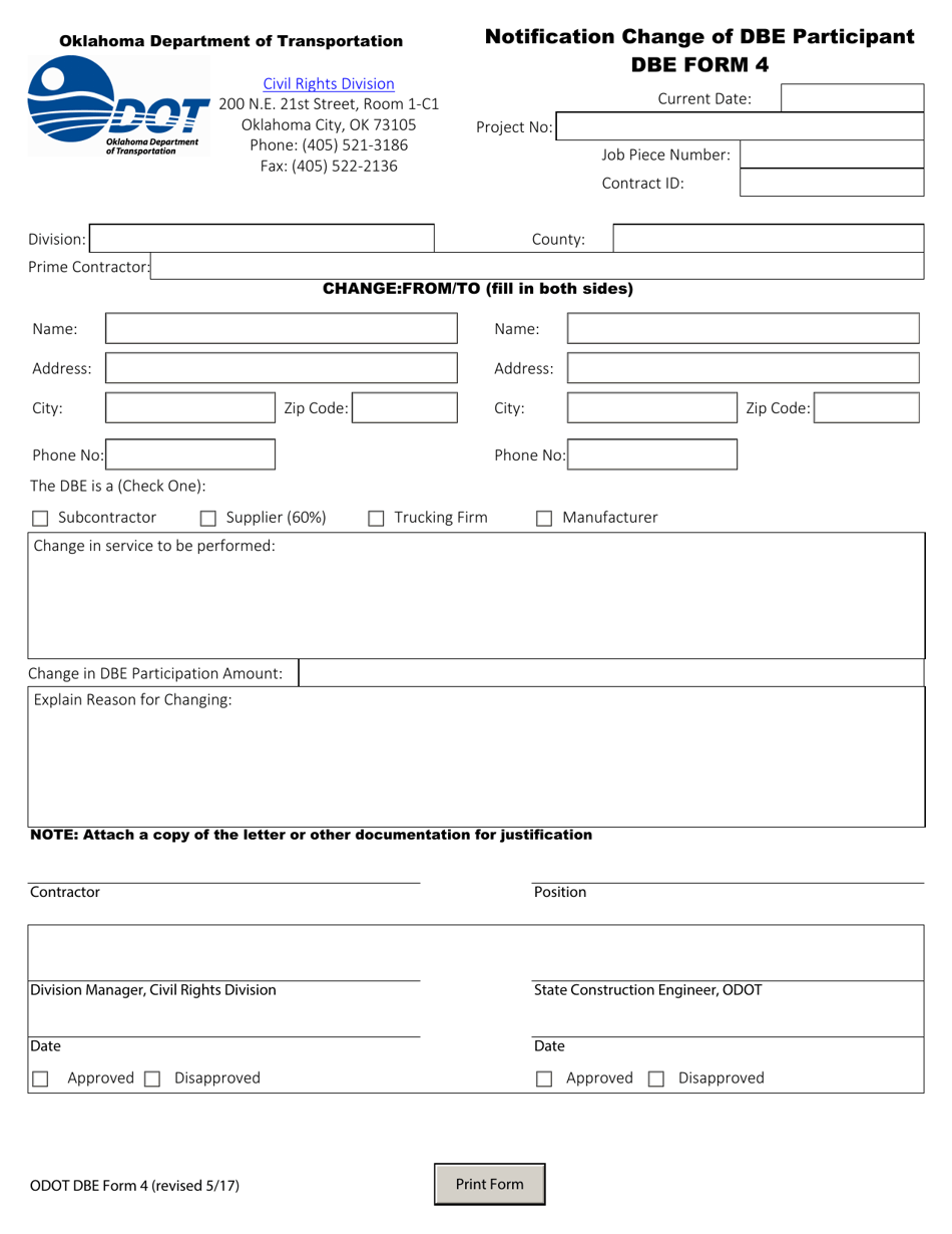 DBE Form 4 Notification Change of Dbe Participant - Oklahoma, Page 1